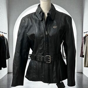 Hein Gericke FirstGear Black Leather Motorcycle Jacket Women's M 38 Belted‎ Moto